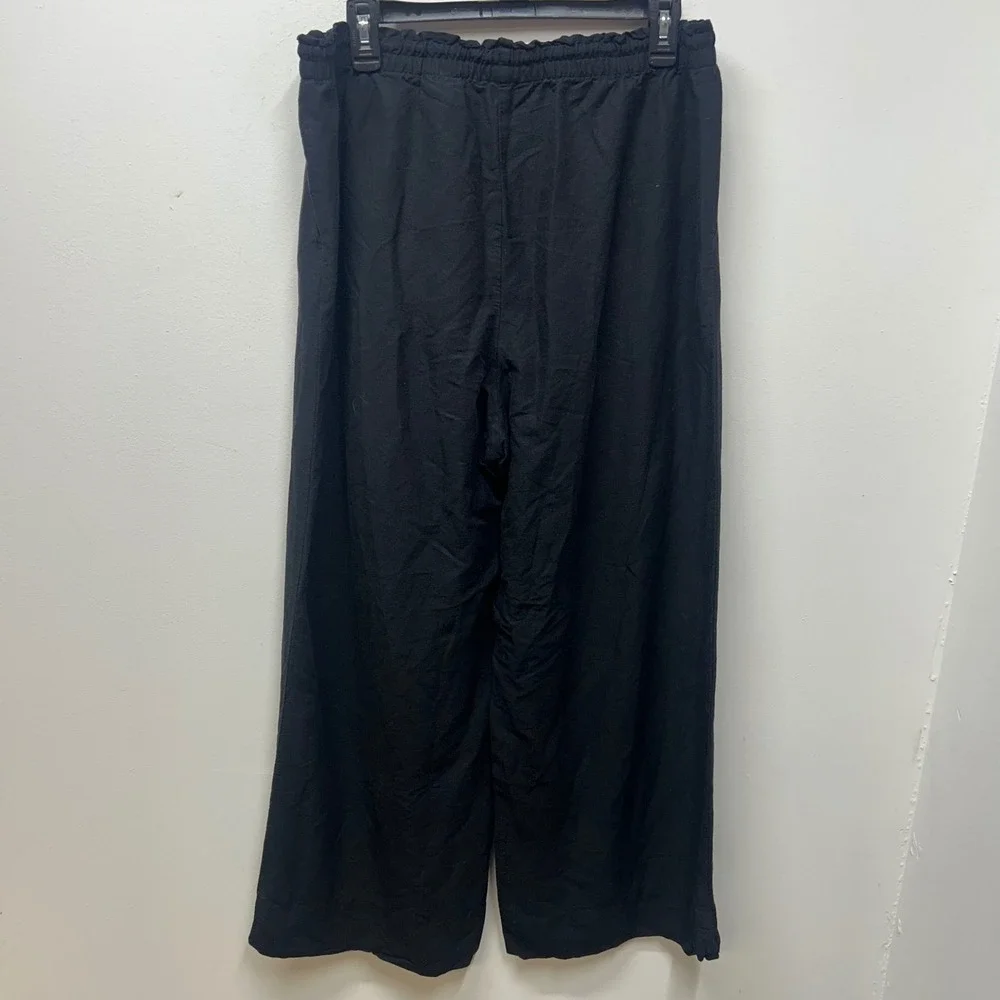 HM Womens Black Linen Blend Wide Leg Pants Paperbag Waist pull-on minimalist